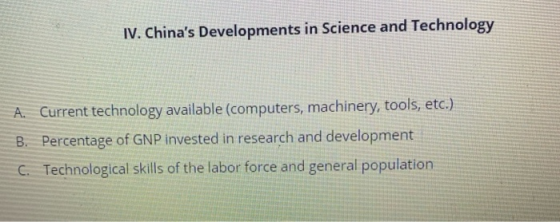 IV. Chinas Developments in Science and Technology A. Current technology available (computers, machinery, tools, etc.) B. Per