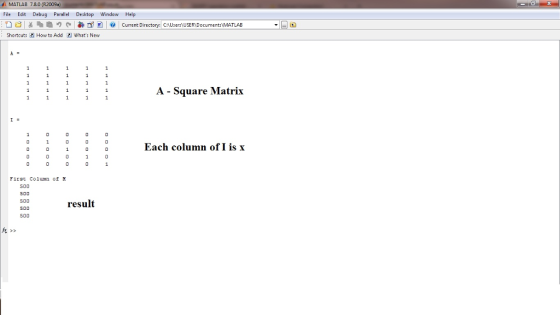 MATLAB 7.8.0 File Edit Debug Parallel Desktop Window Help 。e3 |美9a喒つ 都ゴヨ1 @ Current Directory:CAUsersUSERDocuments\MATLAB Shortcuts a How to AddWhats New A - Square Matrix 0 100Each column of I is:x ist Column o S00 500 S00 500 S00 result 兵>>