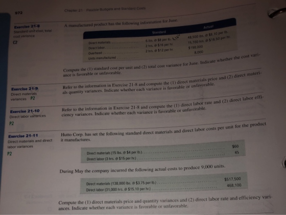 972 Chapter 21 Fexible Budgets and Standard Costs Exercise 21- Standard unit cost: total Cost variance A manufactured product