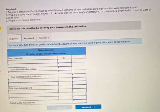 Required: 1. Prepare a schedule of cost of goods manufactured. Assume all raw materials used in production were direct materi