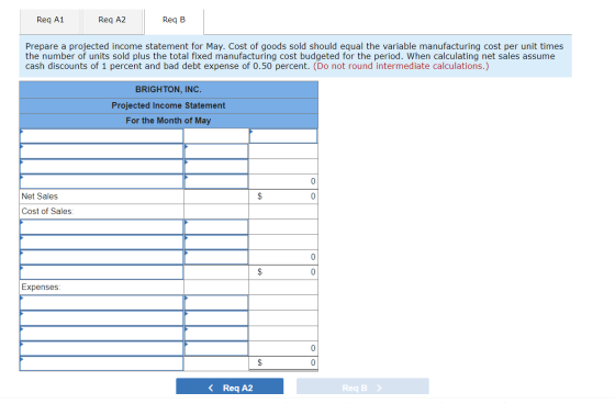 Req A1 Req A2 Req B Prepare a projected income statement for May. Cost of goods sold should equal the variable manufacturing