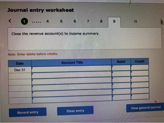 Journal entry worksheet < 1 ..... 4 5 6 7 8 9 11 Close the revenue account(s) to income summary. Note: Enter debits before cr