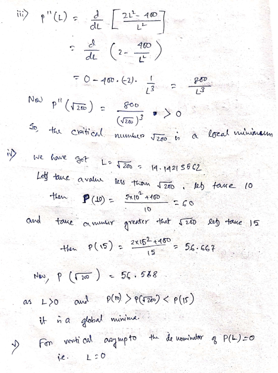 iii) p(L) 22- 400 d de L² [21 de (2- 400 d FO-480. (2). ? 800 <3 Now p (1200) 800 (1200) So, the critical number 1200 h a l