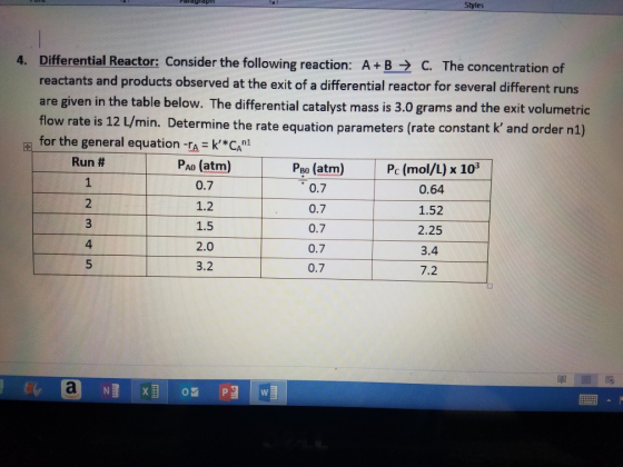 Styles 4. Differential Reactor: Consider the following reaction: A + B→ C. The concentration of reactants and products observed at the exit of a differential reactor for several different runs flow rate is 12 L/min. Determine the rate equati for the general equation-ra= K*Cam are given in the table below. The differential catalyst mass is 3.0 grams and the exit volumetric on parameters (rate constant kand order nl) Run # 1 PAo (atm) 0.7 1.2 1.5 2.0 3.2 Peo (atm) Pc (mol/L) x 10 0.7 0.7 0.7 0.7 0.7 0.64 1.52 2.25 3.4 7.2 4 5 調