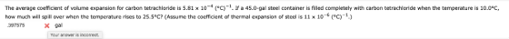 The average coefficient of volume expansion for carbon tetrachloride is 5.81 x 10-4 (°C)-1. If a 45.0-gal steel container is