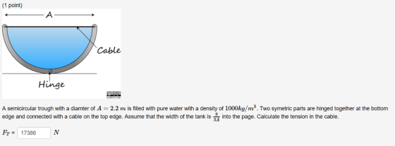 (1 point) Cable Hinge A semicircular trough with a diamter of A 2.2 m is filled with pure water with a density of 1000kg/m3. Two symetric parts are hinged together at the bottom edge and connected with a cable on the top edge. Assume that the width of the tank is 읊 into the page. Calculate the tension in the cable. Fr= 17386