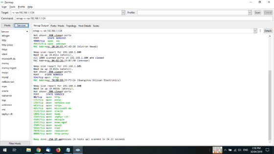 Zenmap Scan Iools Profile Help Target -sn 192.168.1.1/24 Profile: Scan nmap -v-sn 192.168.1.1/24 Hosts Services Nmap Output P