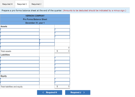 Required H Required I Required) Prepare a pro forma balance sheet at the end of the quarter. (Amounts to be deducted should b