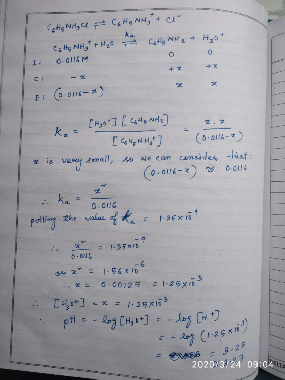 K 0 I: Cetts NH₃ C Ca Hg NH₃ + ce- Cats NH₃ + H₂O - Catts NH₂ + H₂ot 0.0116M – x Co. 0116-x) + X C: X E [H3O+] [COHEN ka= [H3