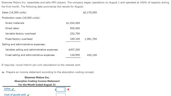 Shawnee Motors Inc. assembles and sells MP3 players. The company began operations on August 1 and operated at 100% of capacity during the first month. The following data summarize the results for August: Sales (14,500 units) Production costs (19,000 units): $2,175,000 Direct materials Direct labor Variable factory overhead Fixed factory overhead $1,054,500 505,400 252,700 169,100 1,981,700 Selling and administrative expenses Variable selling and administrative expenses $307,200 Fixed selling and administrative expenses 118,900 426,100 If required, round interim per-unit calculations to the nearest cent. a. Prepare an income statement according to the absorption costing concept. Shawnee Motors Inc. Absorption Costing Income Statement For the Month Ended August 31 Sales Cost of goods sold