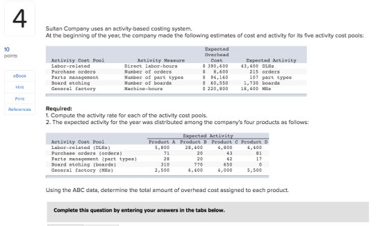 Sultan Company uses an activity-based costing system. At the beginning of the year, the company made the following estimates