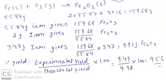 - 1 9 Iron gives 55.84 Fels) + 0219) Fe₂O₂ (s) 55.849 2x5584 + 3x16=159.689 55.849 inom gives 159.68 Fe2O3 in gives 159.68 Fe