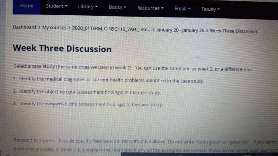 Home Student Library Books Resources Email - Faculty Dashboard > My courses > 2020_01 TERM_C-NSG110_7AFC_Intr... > January 20