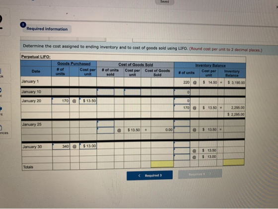 Saved Required information Cost per Cost per unit Determine the cost assigned to ending inventory and to cost of goods sold u