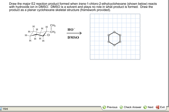Draw the major E2 reaction product formed when trans-1-chloro-2-ethylcyclohexane (shown below) reacts with hydroxide ion in D