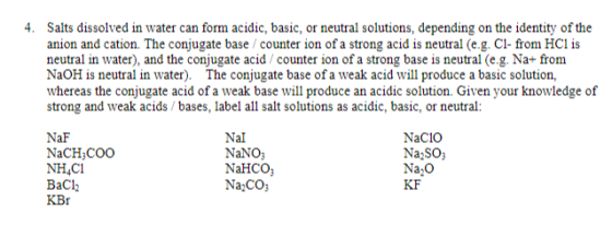 4. Salts dissolved in water can form acidic, basic, or neutral solutions, depending on the identity of the anion and cation.