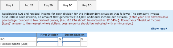 Reg 1 Reg 2A Reg 2B Req 2c Req 2D Recalculate ROI and residual income for each division for the independent situation that fo