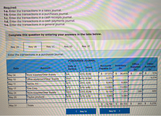 Required: 1-a. Enter the transactions in a sales journal. 1-b. Enter the transactions in a purchases journal. 1-c. Enter the