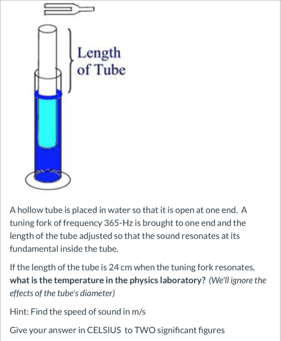 Length of Tube A hollow tube is placed in water so that it is open at one end. A tuning fork of frequency 365-Hz is brought t