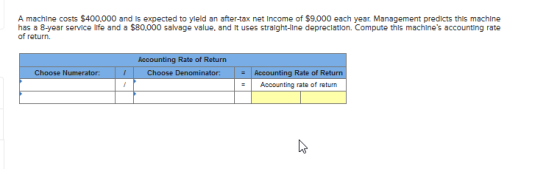 A machine costs $400.000 and is expected to yleld an after-tax net Income of $9.000 each year. Management predicts this machlne has a 8-year service lfe and a $80.000 salvage value, and It uses straight-lne depreclation. Compute this machlnes accounting rate of return. Accounting Rate of Return Choose Numerator: Choose Denominator: Accounting Rate of Return Accounting rate of return