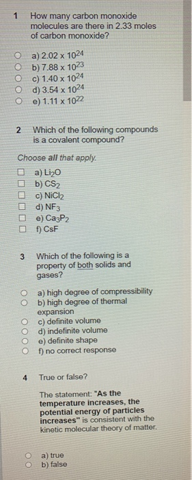 How many carbon monoxide molecules are there in 2.33 moles of carbon monoxide? 1 O a) 2.02 x 1024 O b) 7.88 x 1023 c) 1.40 x