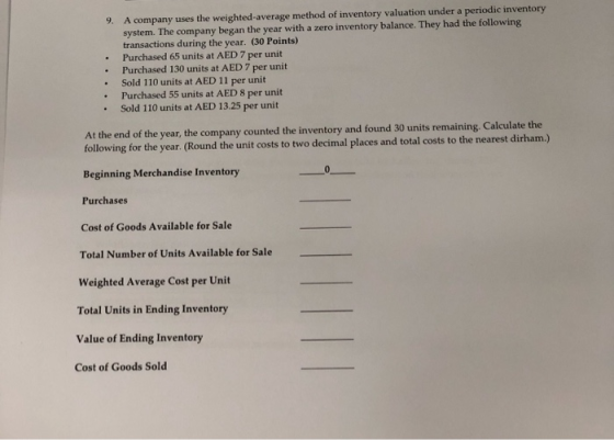 9. A company uses the weighted average method of inventory valuation under a periodic inventory system. The company began the