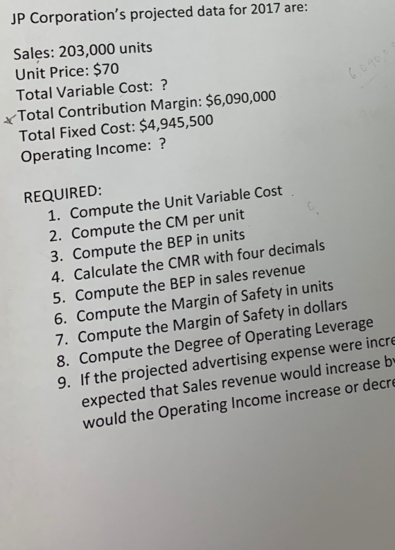 JP Corporations projected data for 2017 are: Sales: 203,000 units Unit Price: $70 Total Variable Cost: ? Total Contribution