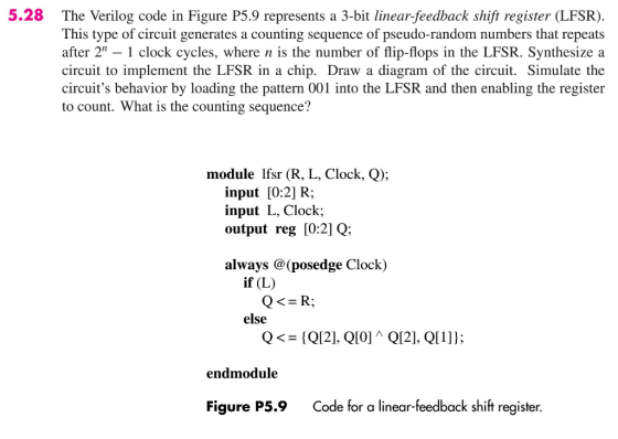 5.28 The Verilog code in Figure P5.9 represents a 3-bit linear-feedback shift register (LFSR) This type of circuit generates a counting sequence of pseudo-random numbers that repeats after 2 - 1 clock cycles, where n is the number of flip-flops in the LFSR. Synthesize a circuit to implement the LFSR in a chip. Draw a diagram of the circuit. Simulate the circuits behavior by loading the pattern 001 into the LFSR and then enabling the register to count. What is the counting sequence? module Ifsr (R, L, Clock, Q); input [0:2]R; input L, Clock; output reg [0:2] Q; always @(posedge Clock) if (L) else endmodule Figure P5.9 Code for a linear-feedback shift register.