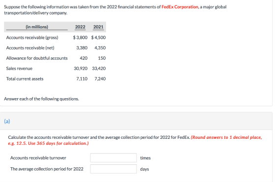 Suppose the following information was taken from the 2022 financial statements of FedEx Corporation, a major global transport