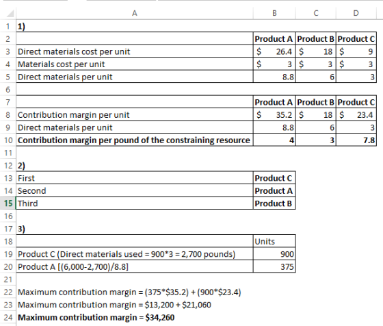 B C D 1 1) 2 3 Direct materials cost per unit 4 Materials cost per unit 5 Direct materials per unit Product A Product Product