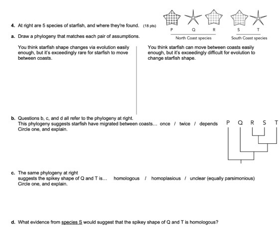 * 4. At right are 5 species of starfish, and where theyre found. (18 pts) P Q R S T a. Draw a phylogeny that matches each pa