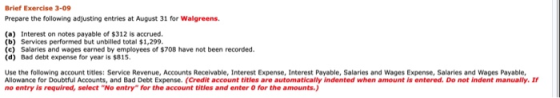 Brief Exercise 3-09 Prepare the following adjusting entries at August 31 for Walgreens. (a) Interest on notes payable of $312