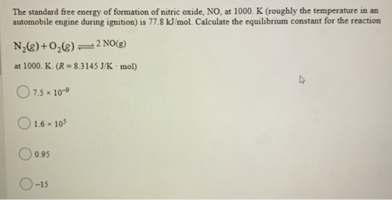 The standard free energy of formation of nitric oxide, NO, at 1000. K (roughly the temperature in an automobile engine during
