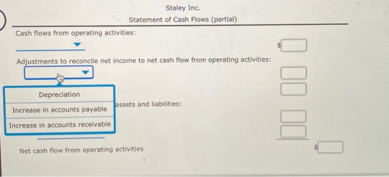 Staley Inc. Statement of Cash Flows (partial) Cash flows from operating activities: Adjustments to reconcile net income to ne