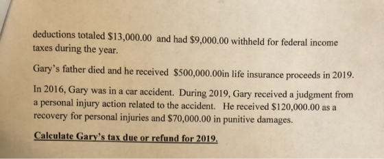 deductions totaled $13,000.00 and had $9,000.00 withheld for federal income taxes during the year. Garys father died and he
