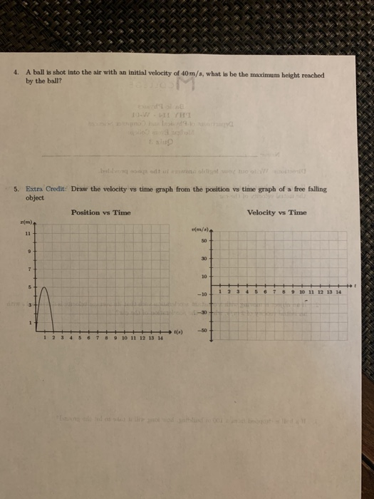 A ball is shot into the air with an initial velocity of 40m/s, what is be the maximum height reached by the ball? 4. 5. Extra Credit: Draw the velocity vs time graph from the position vs time graph of a free falling object Position vs Time Velocity vs Time r(m) m/s) 50 30 10 -102345679 10 11 12 13 14 1 23 456789 10 11 12 13 14