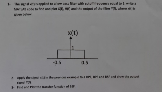 1- The signal x(t) is applied to a low pass filter with cutoff frequency equal to 1; write a MATLAB code to find and plot X(f