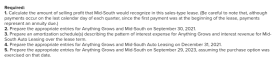 Required: 1. Calculate the amount of selling profit that Mid-South would recognize in this sales-type lease. (Be careful to n