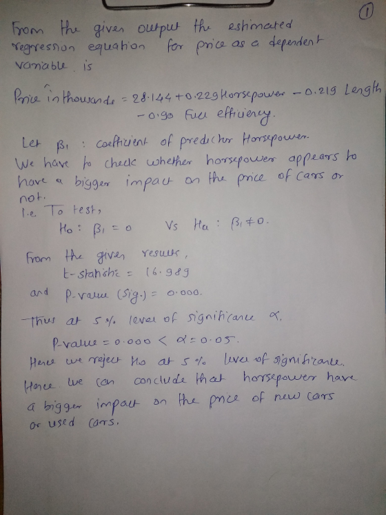 o from the giver output the estimated regression equation for price as a dependent variable IS Price in thousands = 28:144 +0