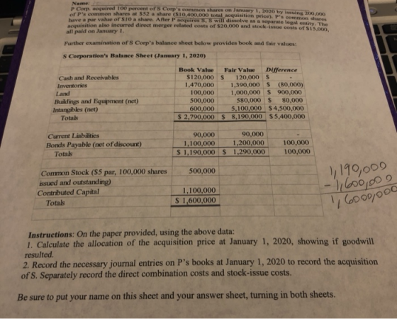 Name: P er acquired 100 percent of Corps common shares on January 1, 2020 by p ommon shares at 552 a share (S10.400,000 tota
