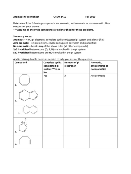 Aromaticity Worksheet CHEM 2410 Fall 2019 Determine if the following compounds are aromatic, anti-aromatic or non-aromatic. G