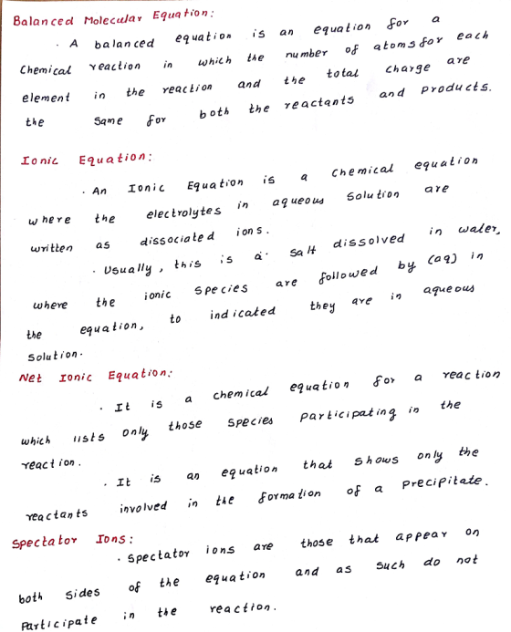 Balanced Molecu/ar Equa tion: balanced equation is αη equation for Chemical ve element in the reaction and the the action inw