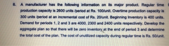 6. A manufacturer has the following information on its major product. Regular time production capacity is 2600 units /period