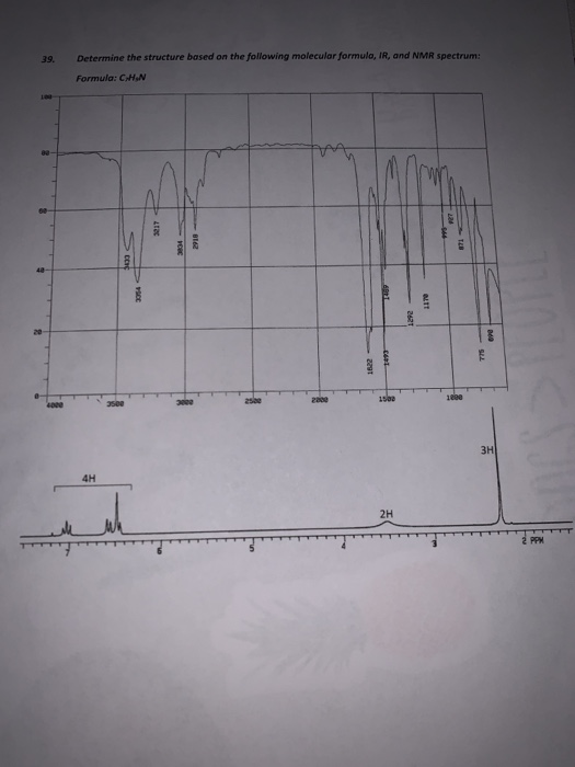 Determine the structure based on the following molecular formula, IR, and NMR spectrum: 39. Formula: CH N ఇ 4000 3500 3000 25