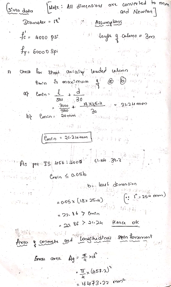 Given data Ialote: All dimensions are converted to mm ::. and Newton] Diameter = 18 To Assumptions fó= 4000.ps: al length g