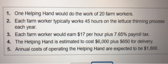 1. One Helping Hand would do the work of 20 farm workers. 2. Each farm worker typically works 45 hours on the lettuce thinning process each year 3. Each farm worker would earn $17 per hour plus 7.65% payroll tax. 4. The Helping Hand is estimated to cost $6,000 plus $650 for delivery. 5. Annual costs of operating the Helping Hand are expected to be $1,800