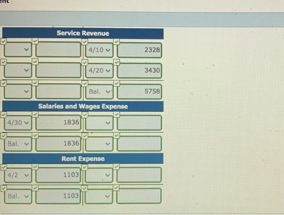 Service Revenue > 4/10 2328 > > 4/20 3430 > Bal. 5758 Salaries and Wages Expense 4/30 1836 Bal. 1836 Rent Expense 4/2 v 1103