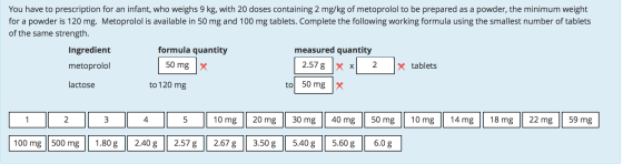 You have to prescription for an infant, who weighs 9 kg, with 20 doses containing 2 mg/kg of metoprolol to be prepared as a p