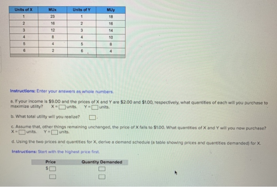Units of X MUX Units of Y Instructions: Enter your answers as whole numbers a. If your income is $9.00 and the prices of X an