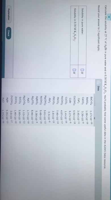 Calculate the solubility at 25 °C of AgBr in pure water and in 0.38 MK,S,O,. Youll probably find some useful data in the ALE